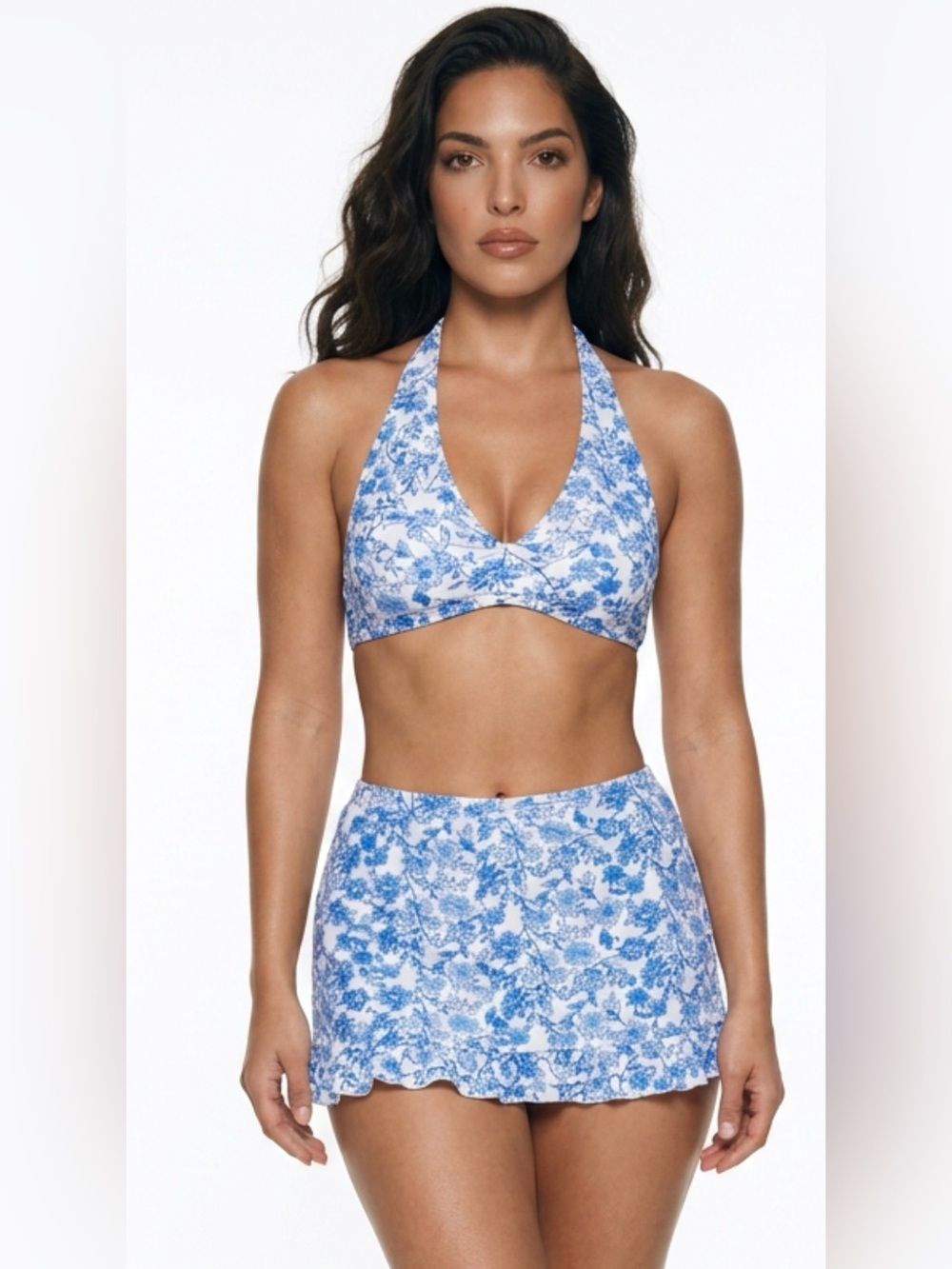 Blue Floral Halter Bikini Top and Bottoms with Matching Swim Skirt